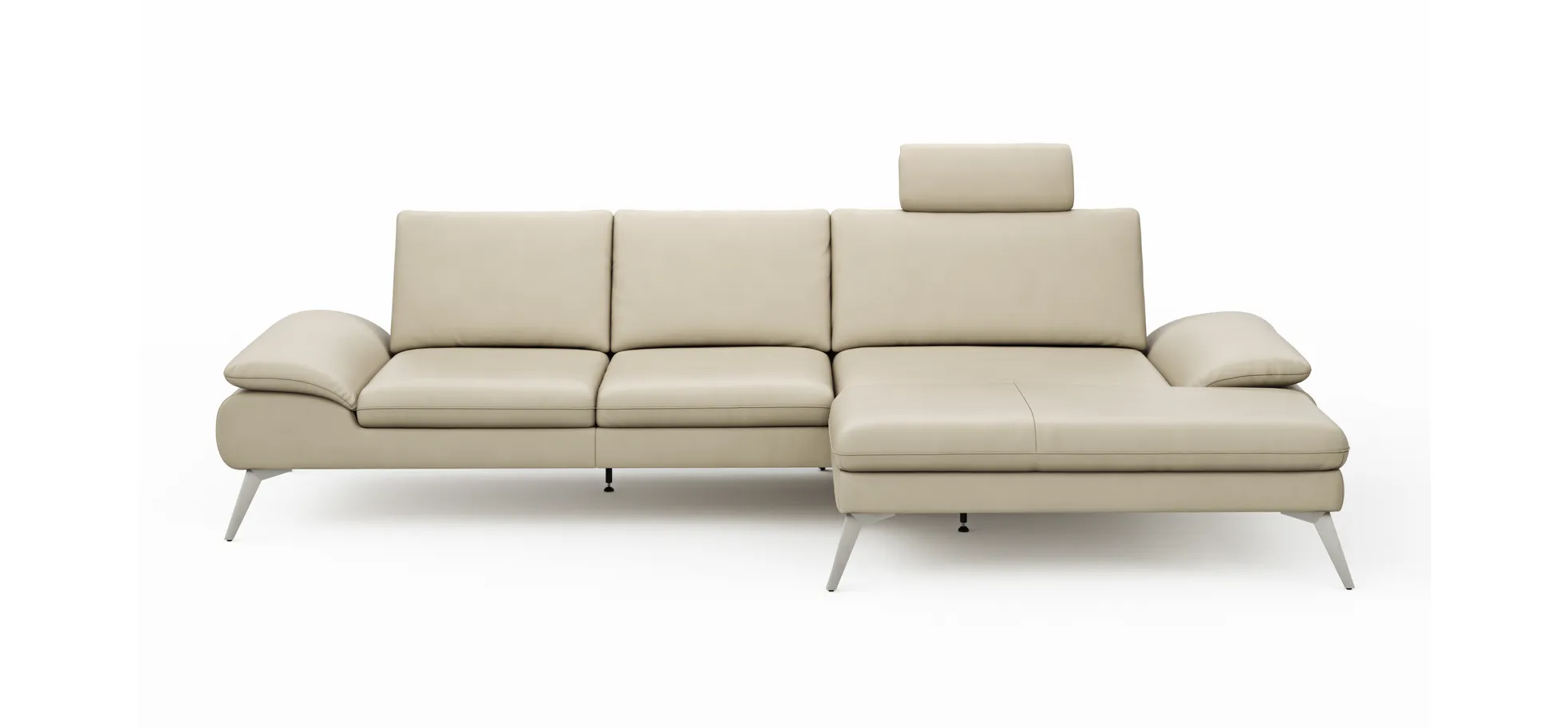 Ecksofa Collina - 2,5-Sitzer, Longchair rechts, inklusive Kopfstütze, Leder, Ecru 137759