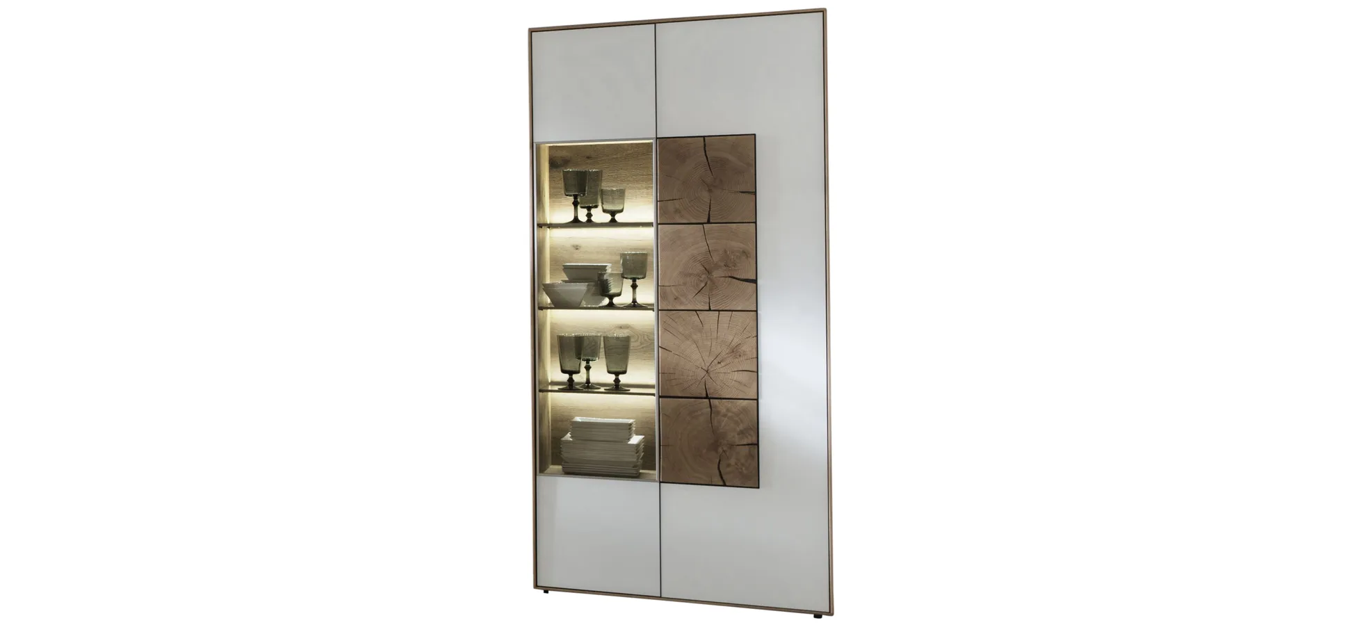 Vitrine - mit Beleuchtung, Kerneiche massiv, Mattglas, Weiß mit Hirnholzscheiben