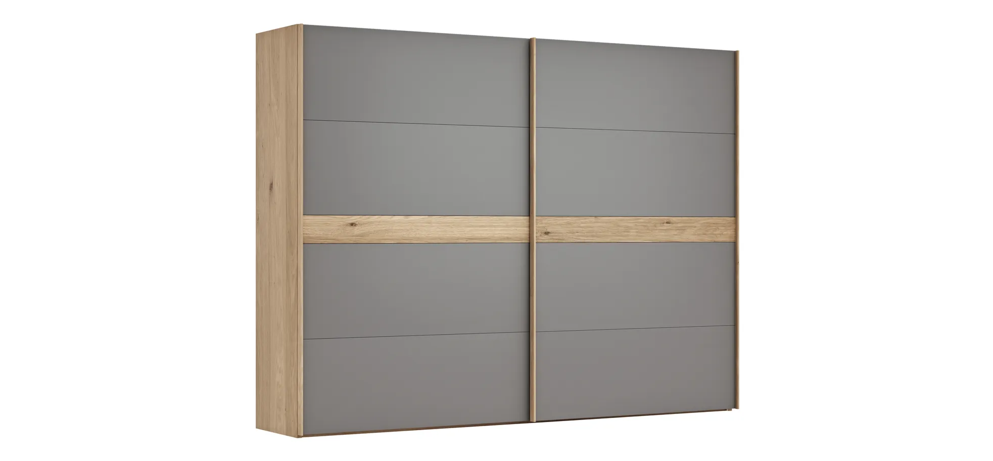 Schwebetürenschrank Viana - B ca. 301 cm, Lack, Steingrau, Riffholz, Balkeneiche 120142