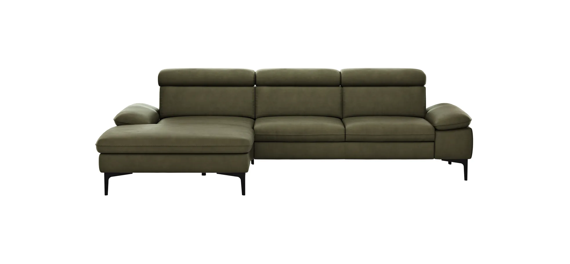 Ecksofa Felipa - Longchair links mit 2,5-Sitzer inkl. Kopfteil verstellbar, Leder, Olive 105126