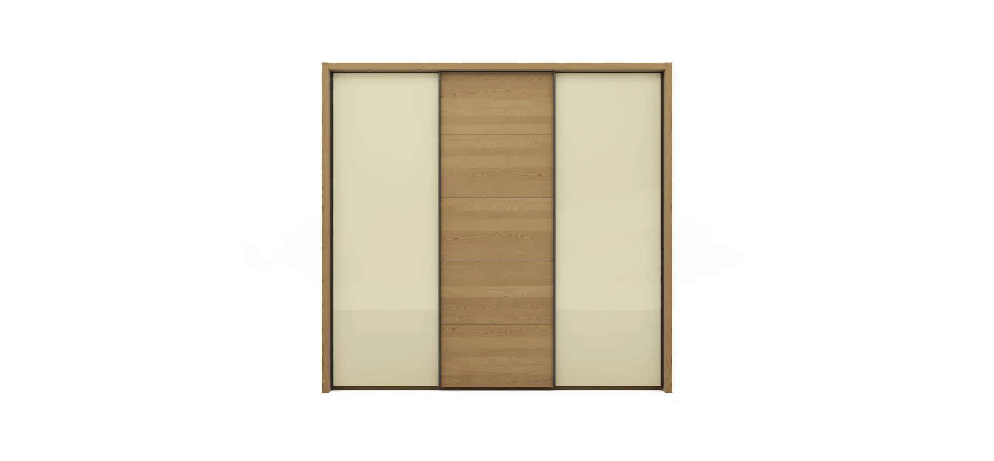 Schwebetürenschrank Lenoso -  B. ca. 260 cm, Eiche massiv, Glas, Champagner
