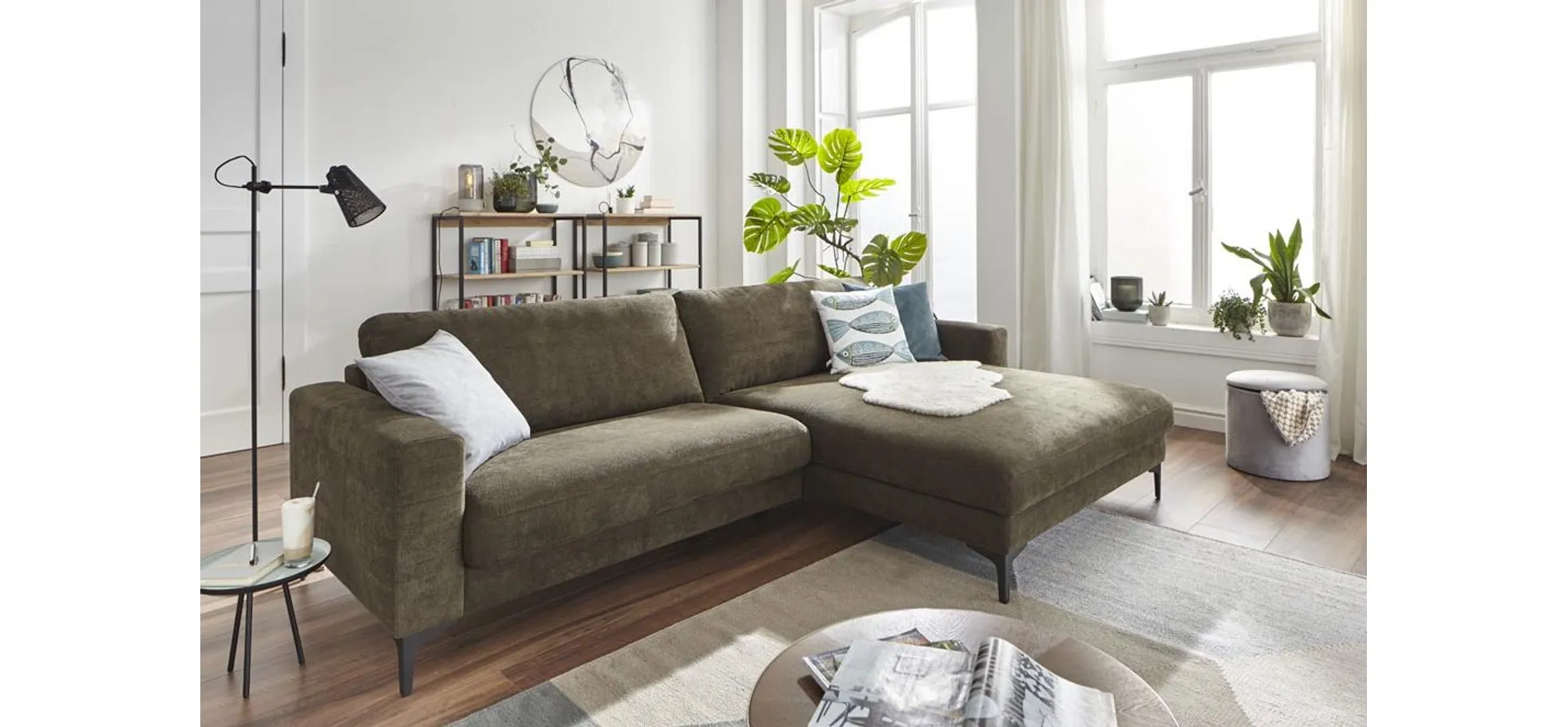 Ecksofa Oviedo - 1,5-Sitzer mit Longchair rechts, Stoff, Braungrün