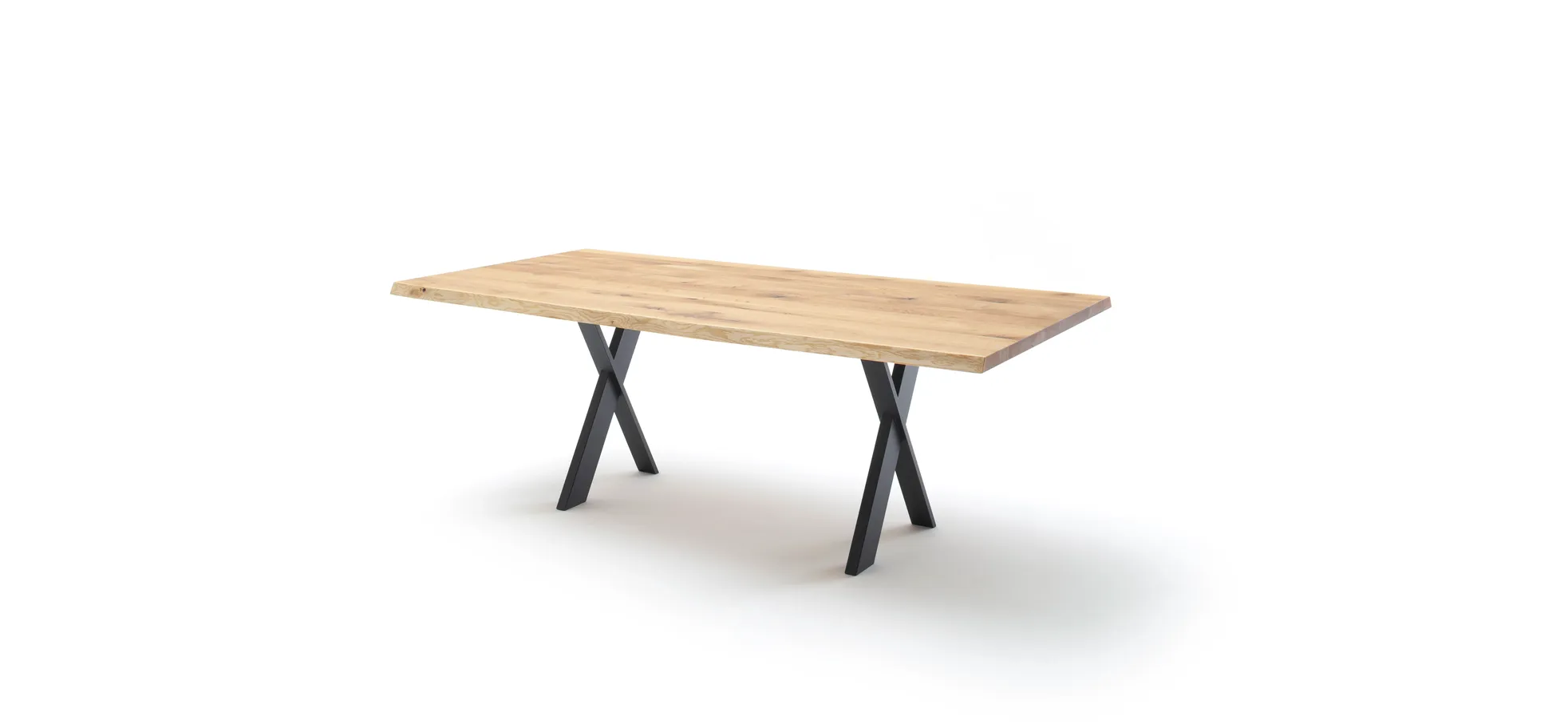 Esstisch 3100 - LB ca. 200x100 cm, Asteiche massiv, Waldkante, Kreuzfuß, Schwarz