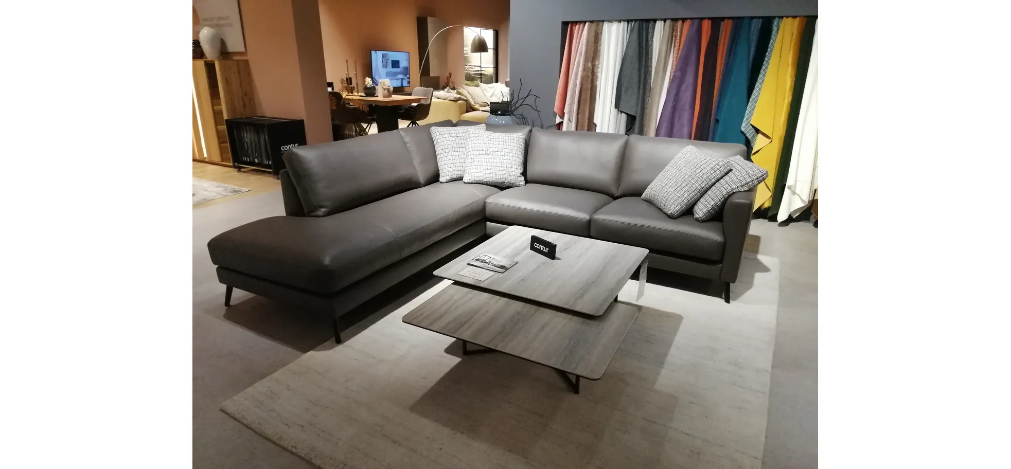 Ecksofa Cuneo Klassik - Ecke links, 2-Sitzer, Leder Steingrau