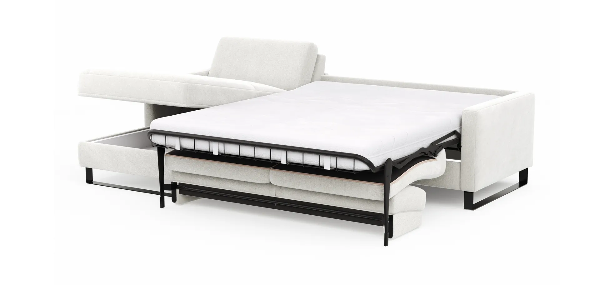 Schlafsofa Laredo - Longchair mit 2-Sitzer rechts inkl. Schlaffunktion mit Bettkasten, Stoff, Graubeige