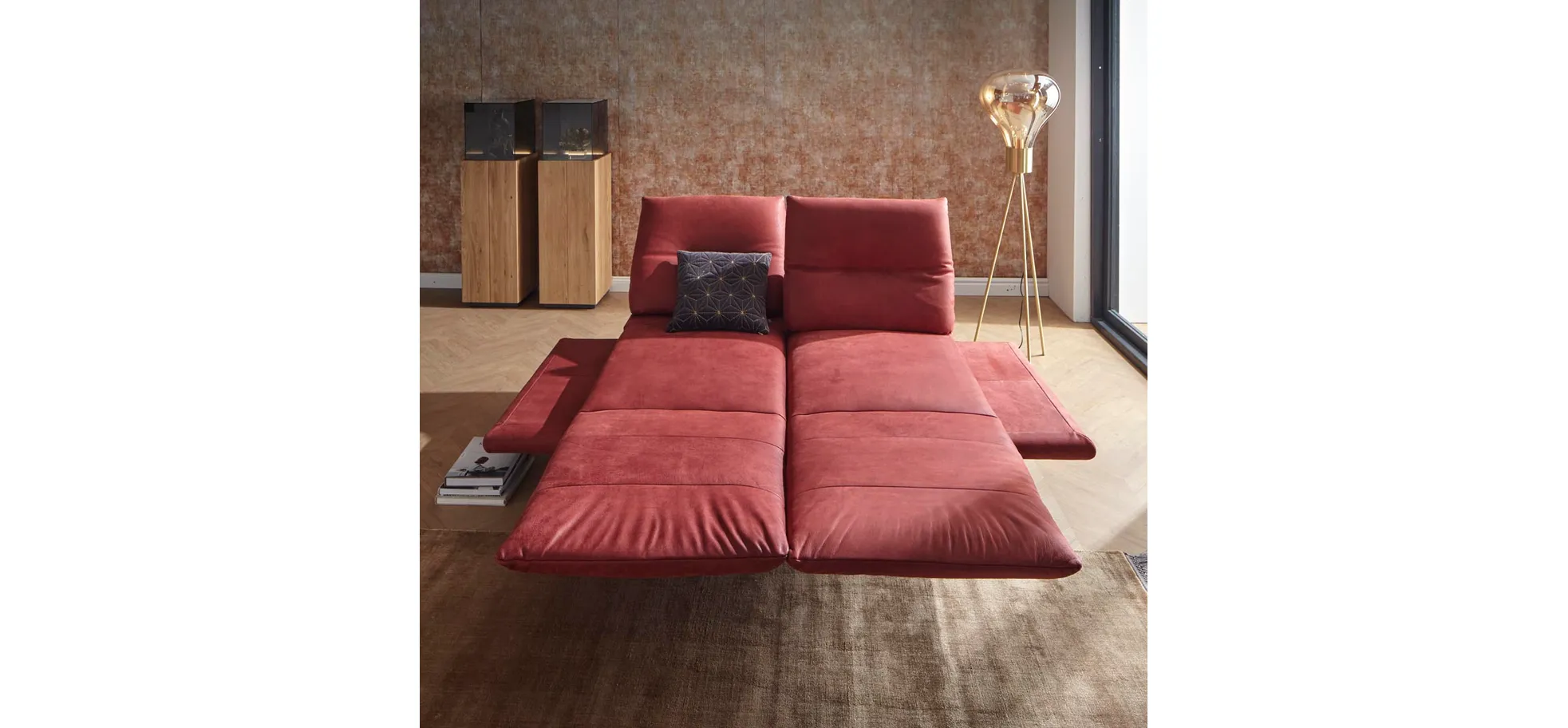 Sofa Lucero - 2,5-Sitzer inkl. Rückenlehne/Armlehne/Sitztiefe verstellbar und drehbares Sitzelement, Leder, Weinrot