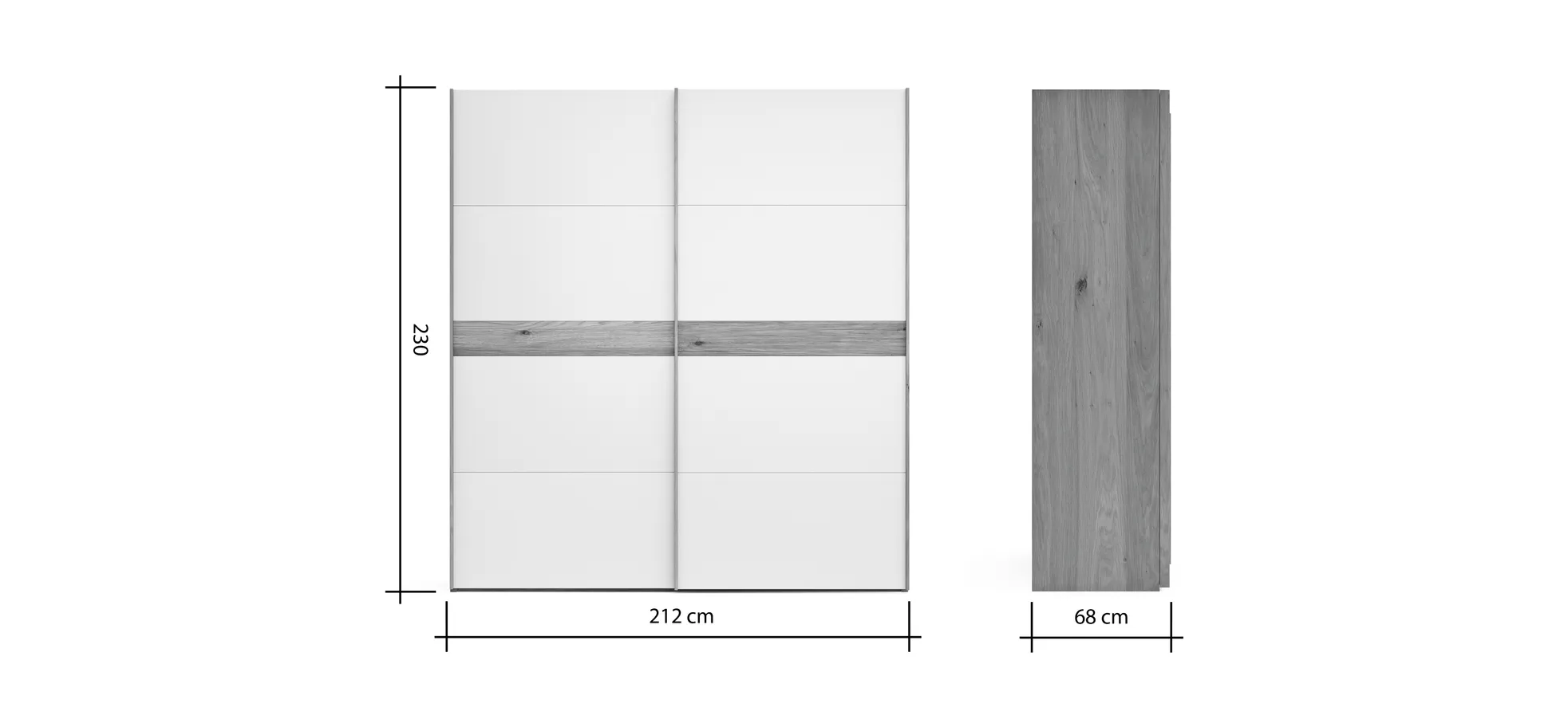 Schwebetürenschrank Viana - B ca. 212 cm, Lack, Steingrau, Riffholz, Balkeneiche