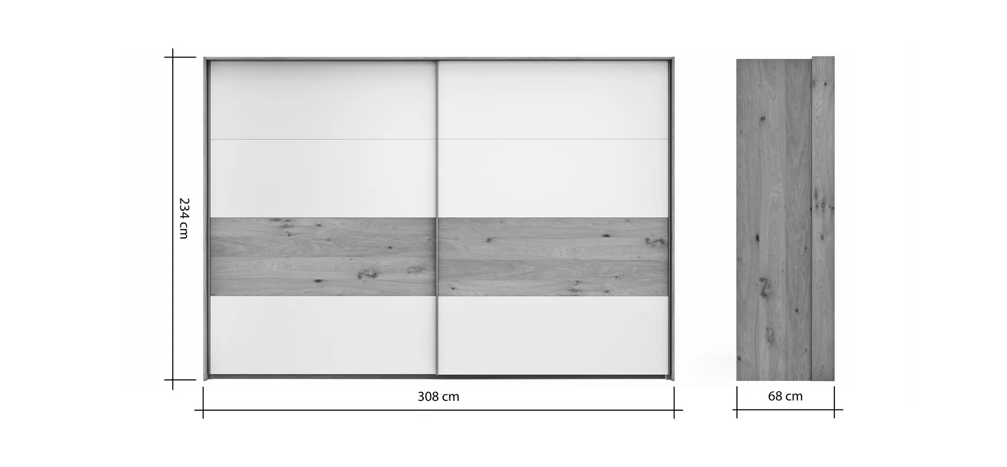 Schwebetürenschrank Viana - B ca. 308 cm, Furnier, Balkeneiche, Hellgrau