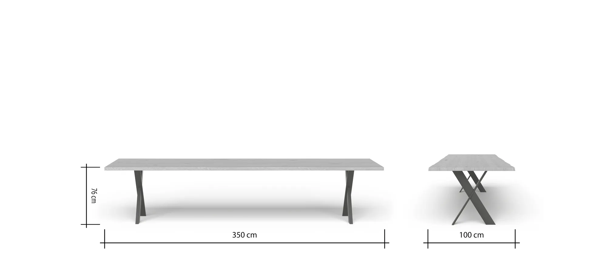 Esstisch 3100 - LB ca. 350x100 cm, Asteiche massiv, Waldkante, Kreuzfuß, Schwarz