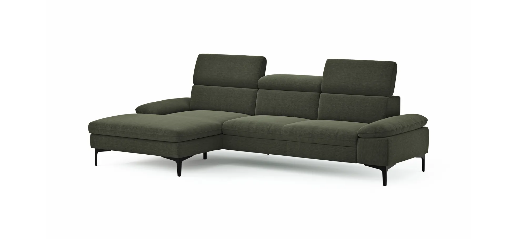 Ecksofa Felipa - Longchair links mit 2,5-Sitzer inkl. Kopfteil verstellbar, Stoff, Dunkelgrün