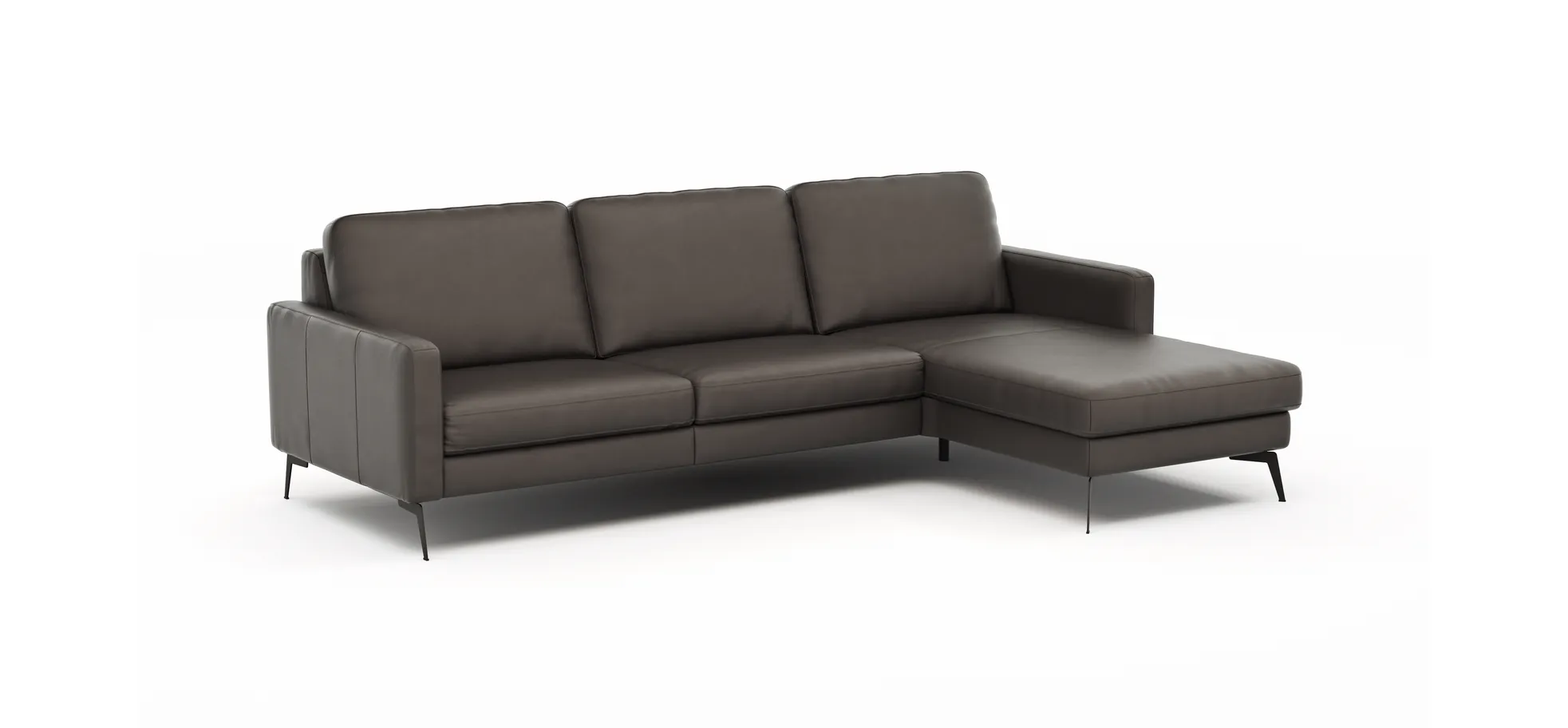 Ecksofa Enna - 3-Sitzer mit Longchair rechts, Armlehne A, Leder, Schwarz