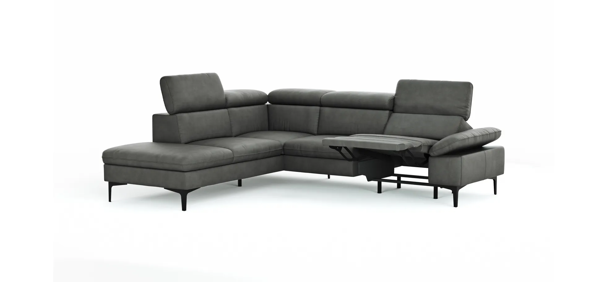Ecksofa Felipa - Ecke links mit 2,5-Sitzer inkl. Armlehne verstellbar und Rückenlehne/Sitztiefe verstellbar (motorisch), Leder, Grau