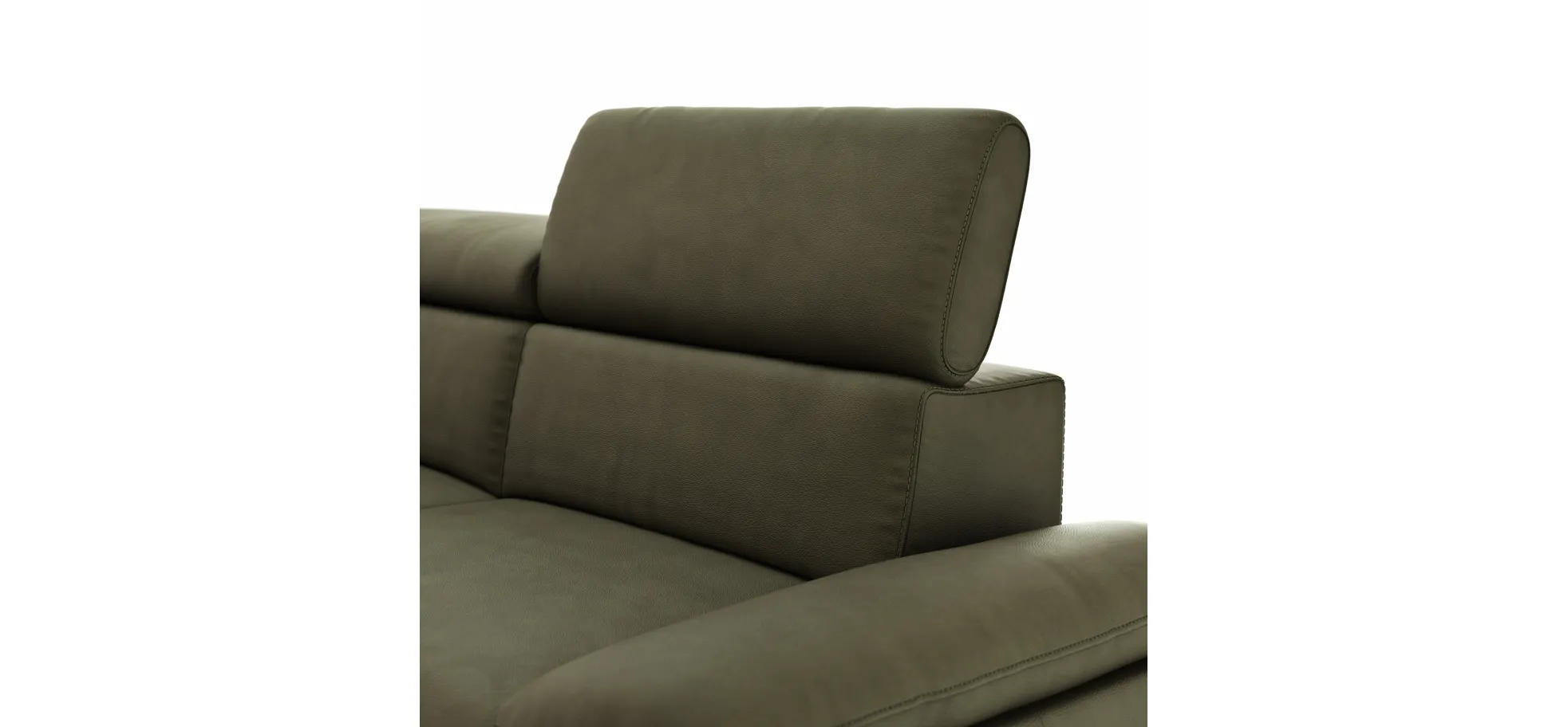 Ecksofa Felipa - Longchair links mit 2,5-Sitzer inkl. Armlehne verstellbar und Rückenlehne/Sitztiefe verstellbar (motorisch), Leder, Olive