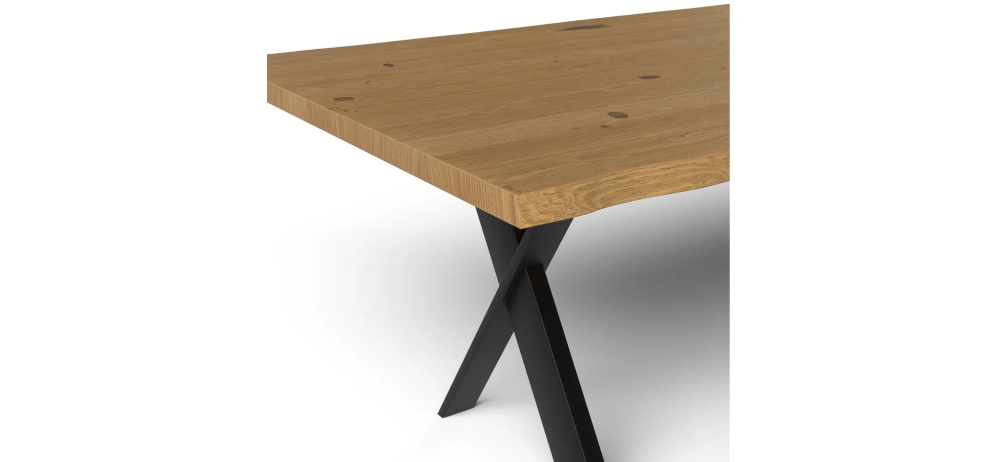 Esstisch 3100 - LB ca. 200x100 cm, Asteiche massiv, Waldkante, Kreuzfuß, Schwarz