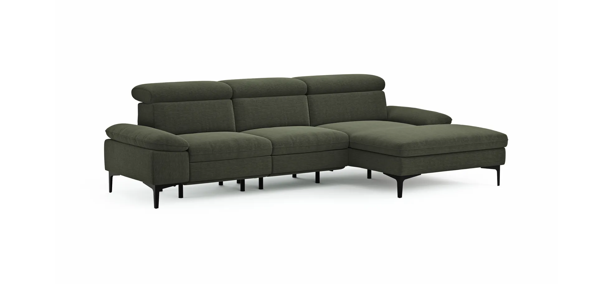 Ecksofa Felipa - 2,5-Sitzer mit Longchair rechts inkl. Armlehne verstellbar und Rückenlehne/Sitztiefe verstellbar (motorisch), Stoff, Dunkelgrün