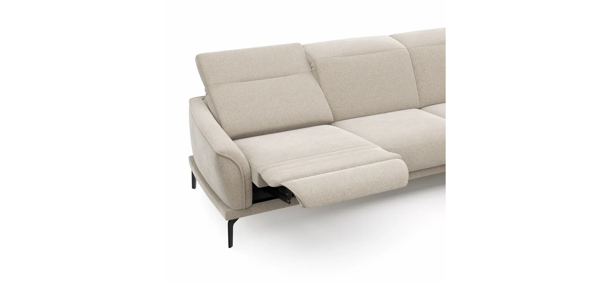 Ecksofa Amadena - 2-Sitzer mit Ecke rechts inkl. Relaxfunktion motorisch, Sitzvorzug und Kopfteilverstellung, Stoff, Creme