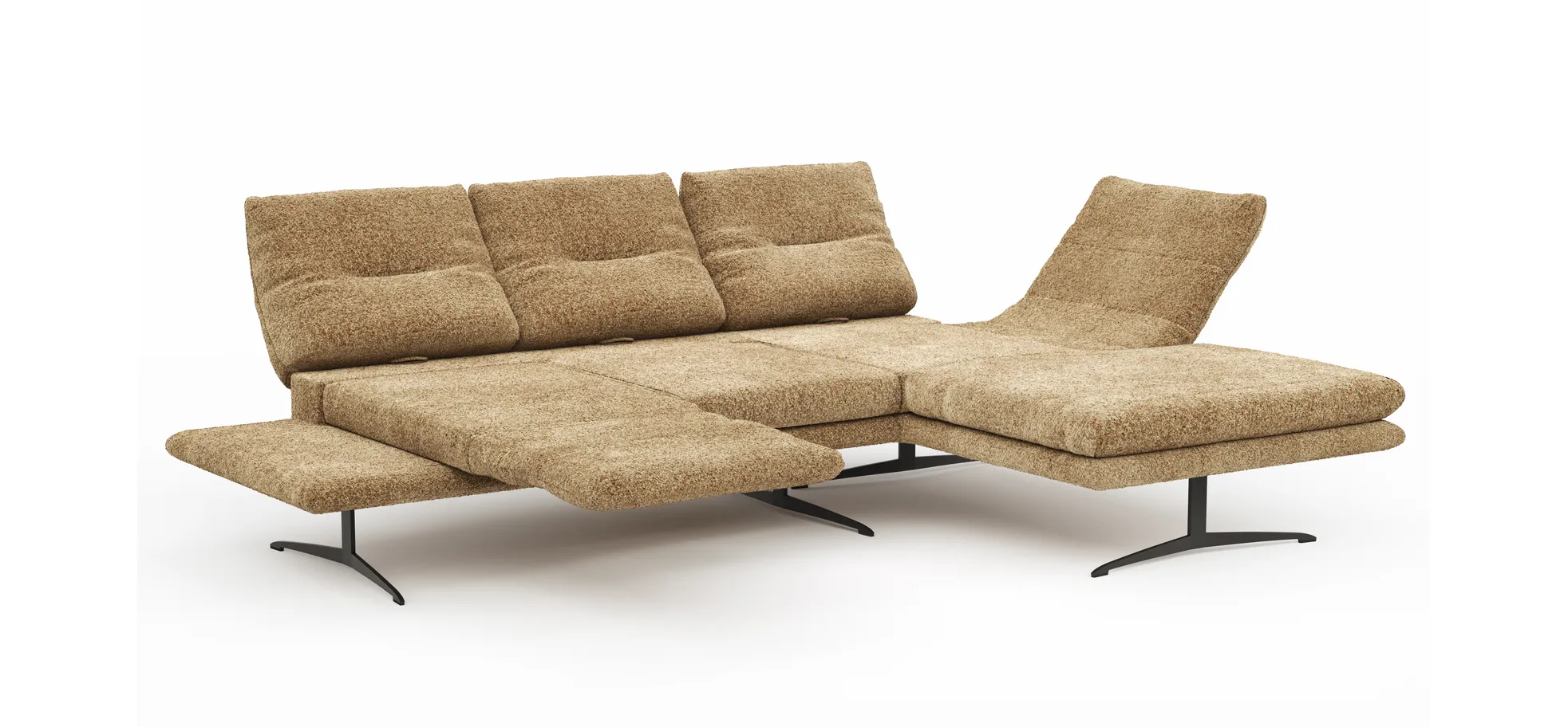 Ecksofa Lucero 2.0 - 2-Sitzer mit Longchair rechts inkl. Sitztiefenverstellung, Drehsitz und Sitztiefe verstellbar, Stoff, Cognac