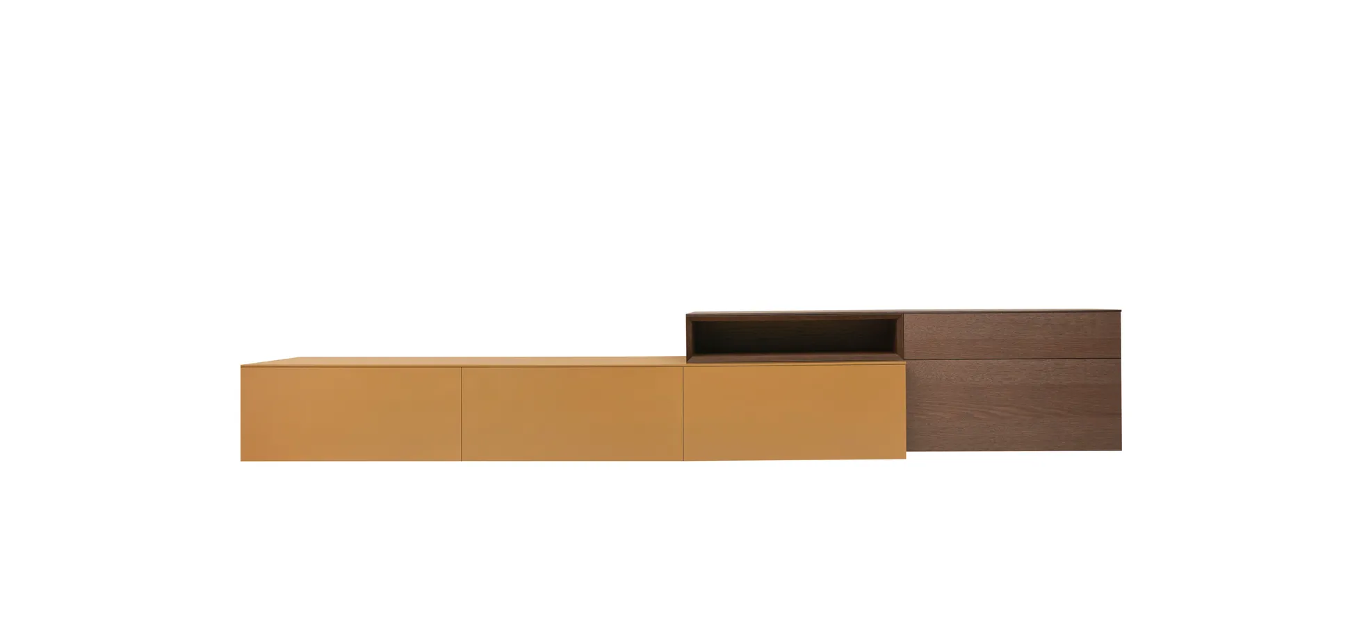 Wohnwand Satola - Ocker Lack matt, Eiche furniert dunkelbraun 202801