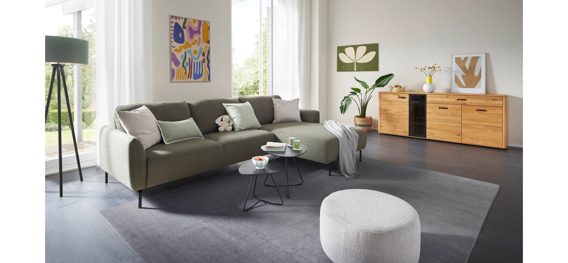 Ecksofa Leona - 3-Sitzer mit Longchair rechts, Stoff, Braungrün