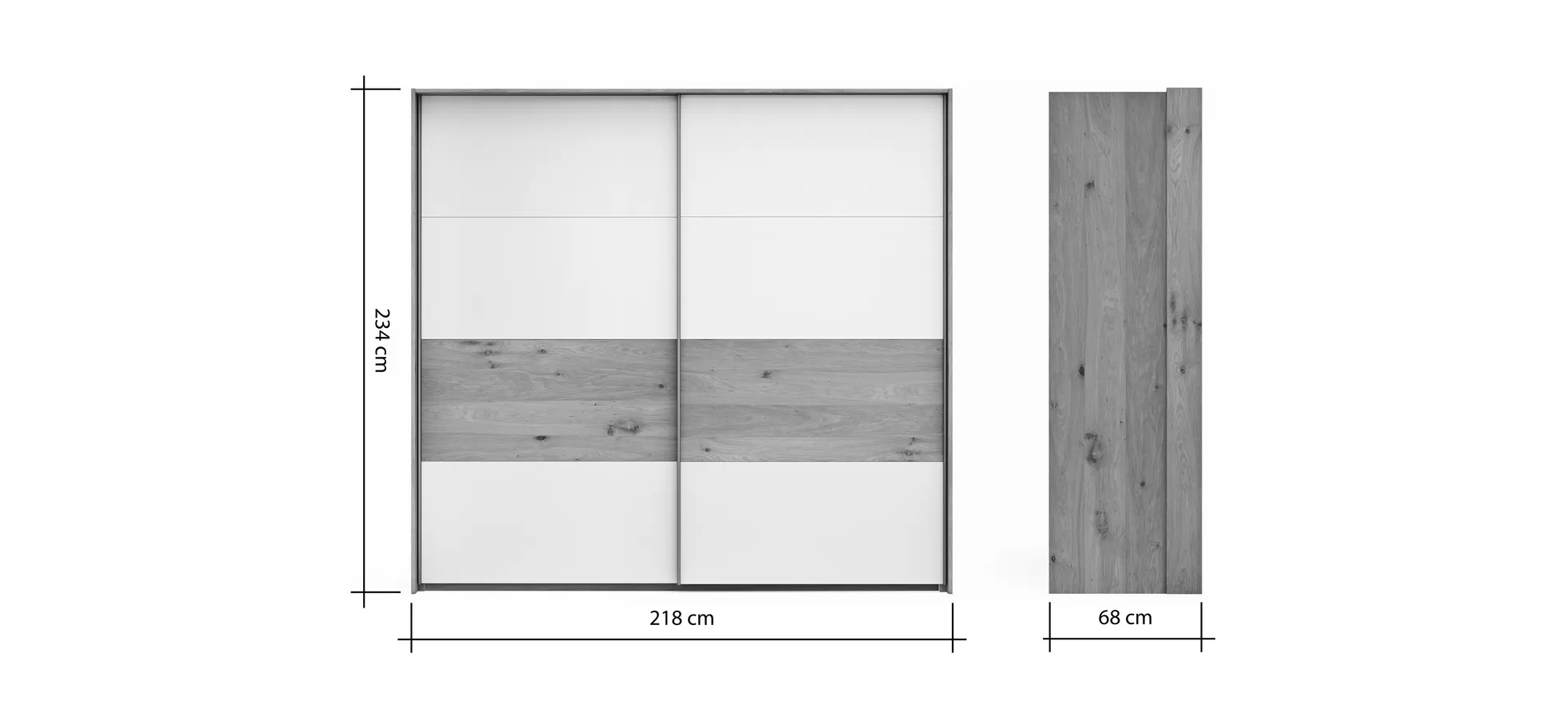 Schwebetürenschrank Viana - B ca. 218 cm, Furnier, Balkeneiche, Hellgrau