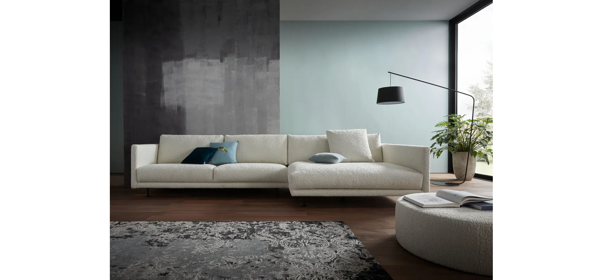 Ecksofa Cuneo - 2-Sitzer, Longchair rechts, Boucle, Creme