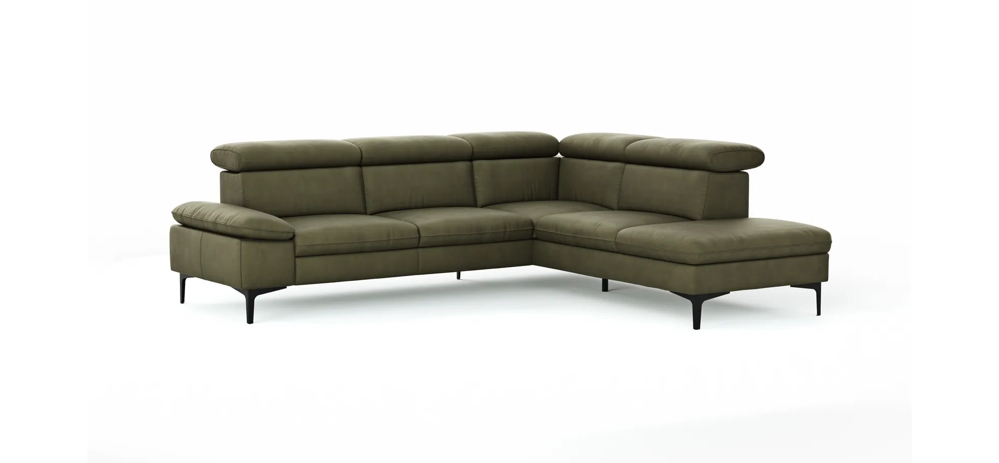 Ecksofa Felipa - 2,5-Sitzer mit Ecke rechts inkl. Kopfteil verstellbar, Leder, Olive