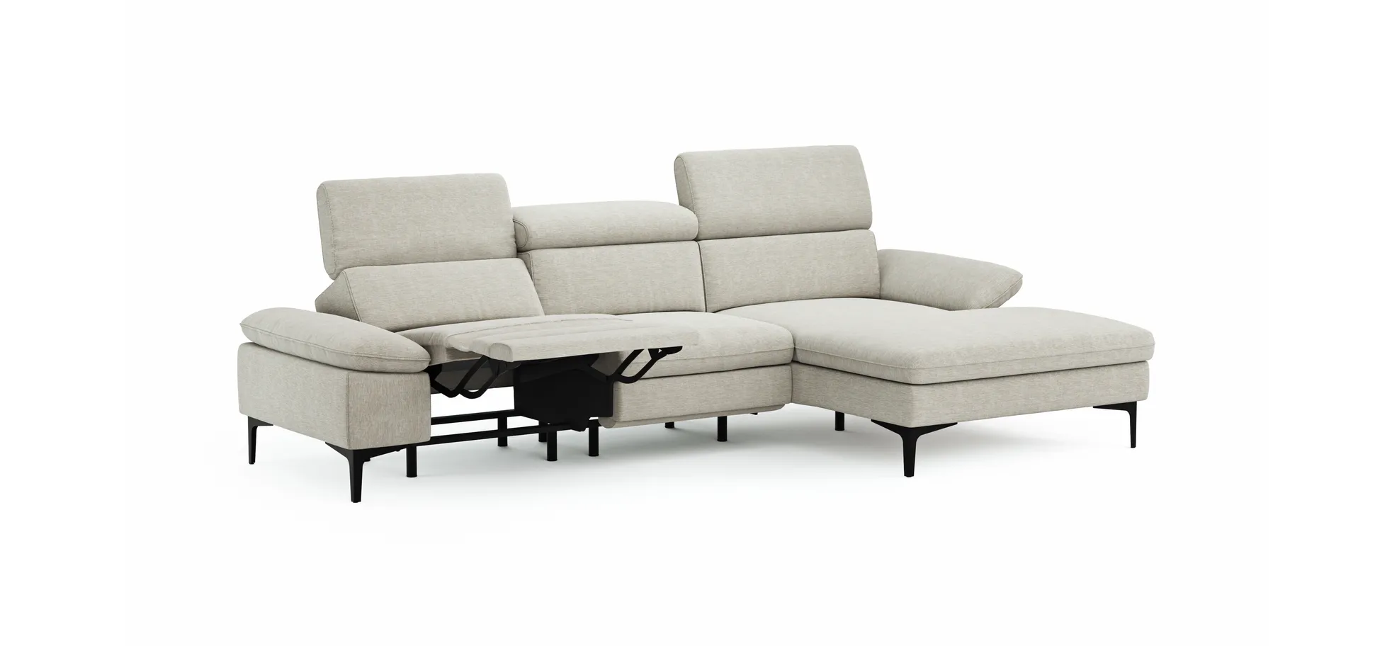 Ecksofa Felipa - 2,5-Sitzer mit Longchair rechts inkl. Armlehne verstellbar und Rückenlehne/Sitztiefe verstellbar (motorisch), Stoff, Natur