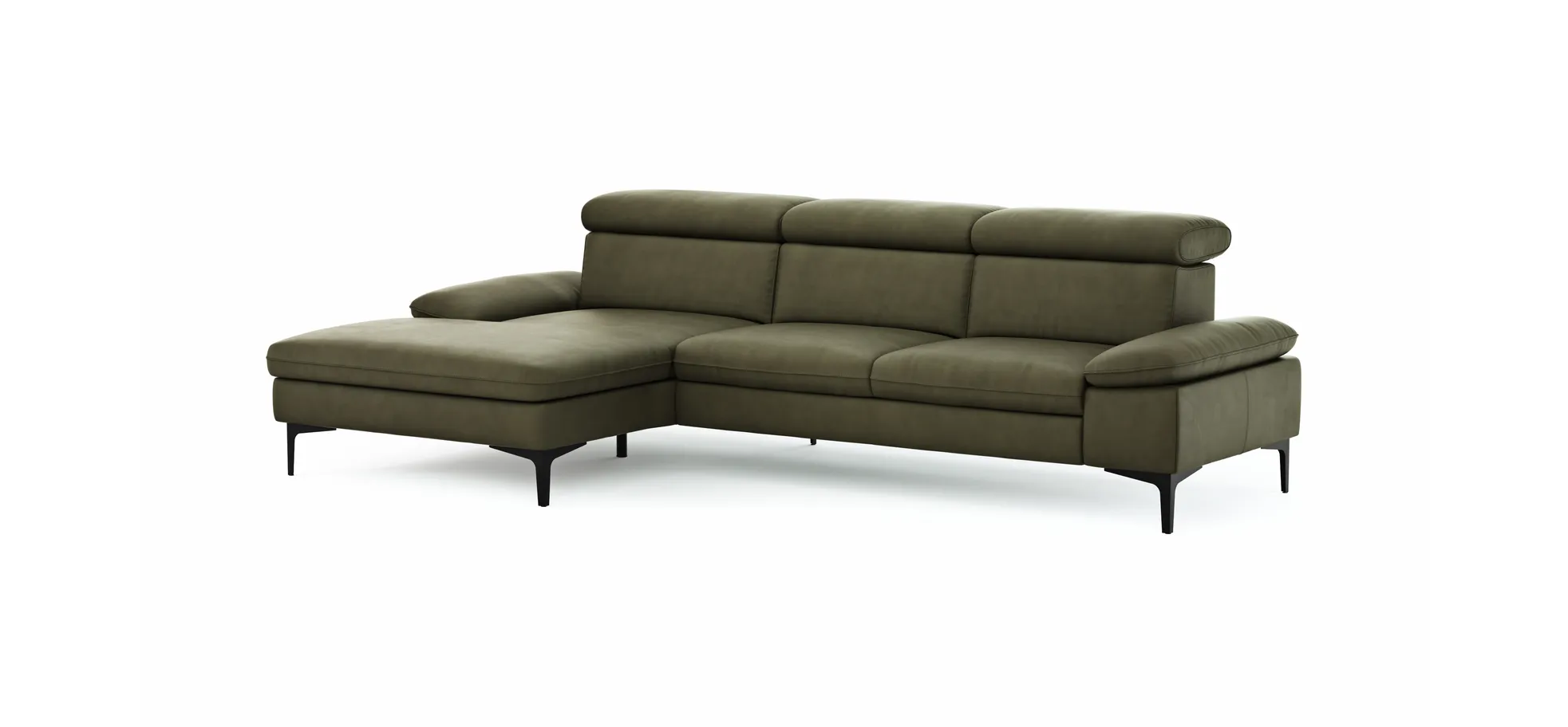 Ecksofa Felipa - Longchair links mit 2,5-Sitzer inkl. Kopfteil verstellbar, Leder, Olive