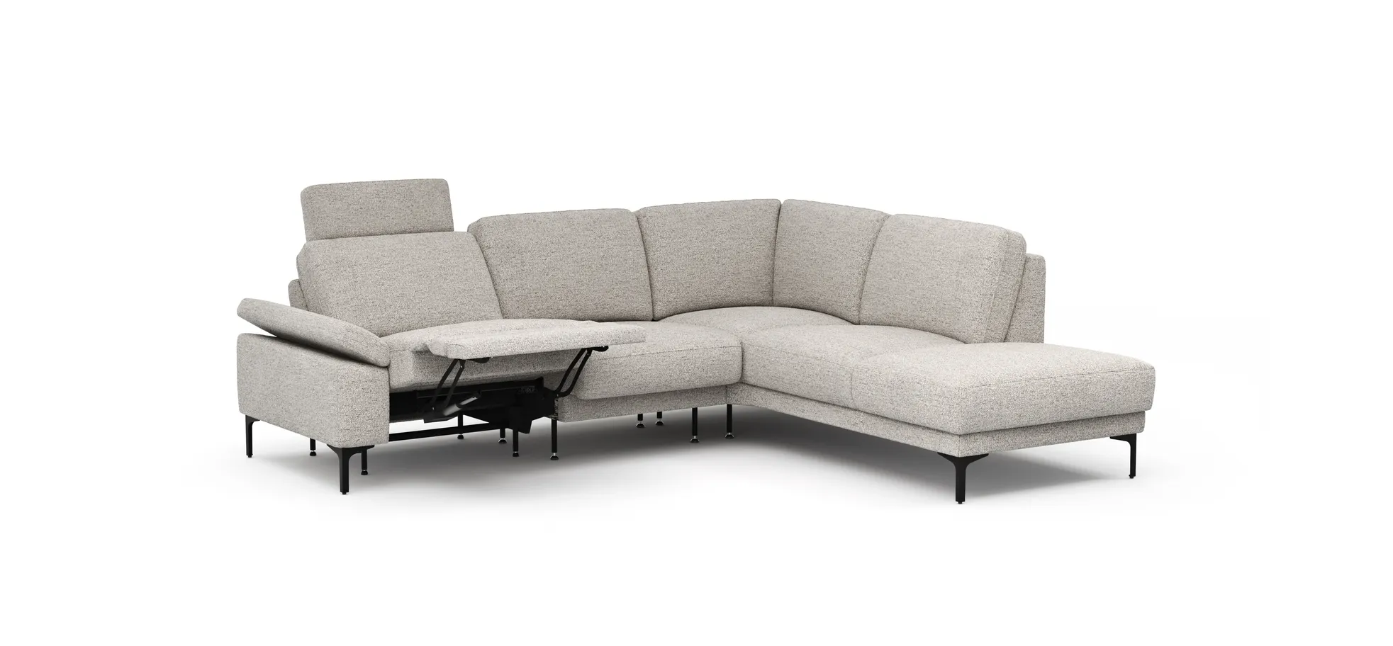 Ecksofa Matero - 2-Sitzer mit Ecke rechts inkl. Relaxfunktion motorisch und Sitzvorzug, Stoff, Hellgrau
