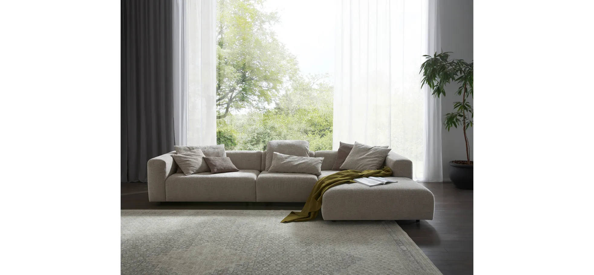 Ecksofa Caruso - 3-Sitzer, Longchair rechts, Stoff, Graubeige