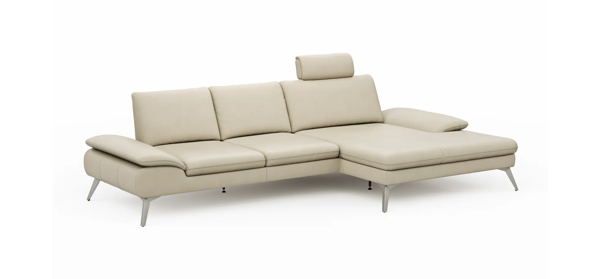 Ecksofa Collina - 2,5-Sitzer, Longchair rechts, inklusive Kopfstütze, Leder, Ecru
