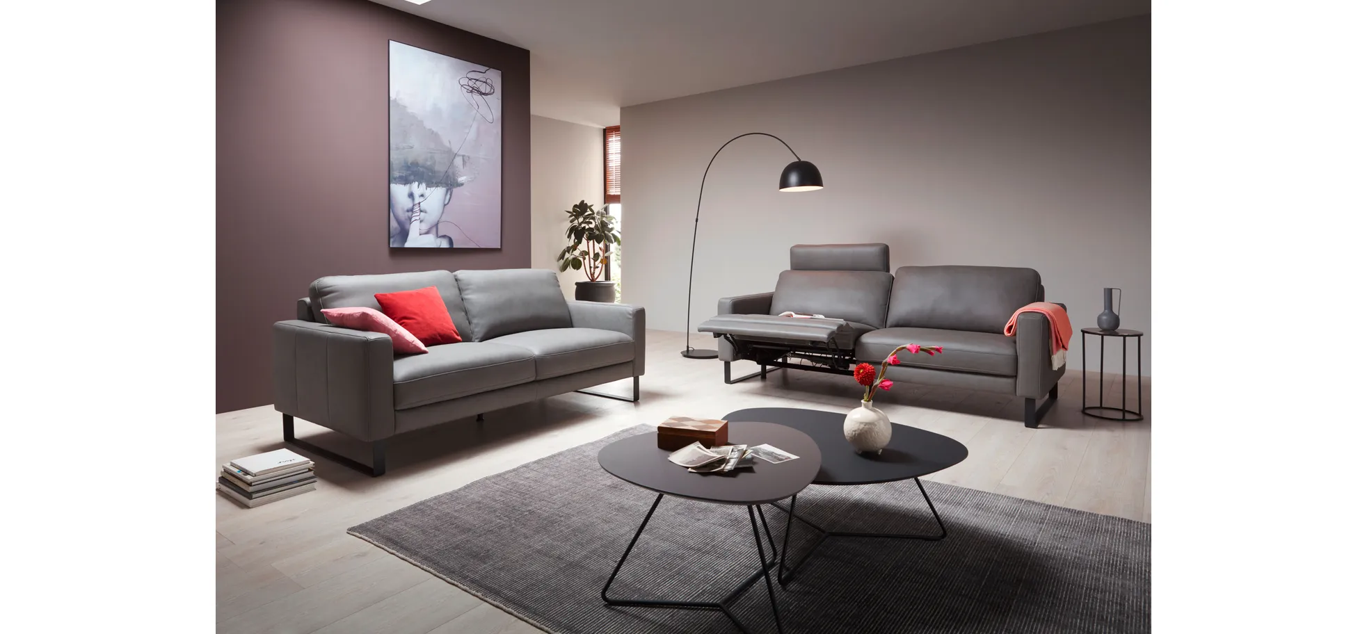 Sofa Enna - 3,5-Sitzer inklusive Relaxfunktion (motorisch) links, Leder, Grau