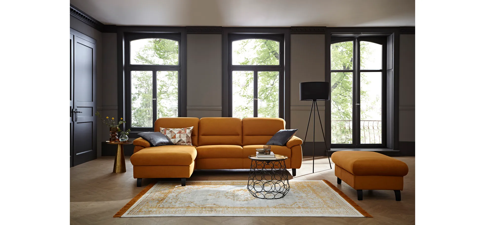 Ecksofa Cornella Classic - Longchair links mit 2-Sitzer, Stoff, Curry