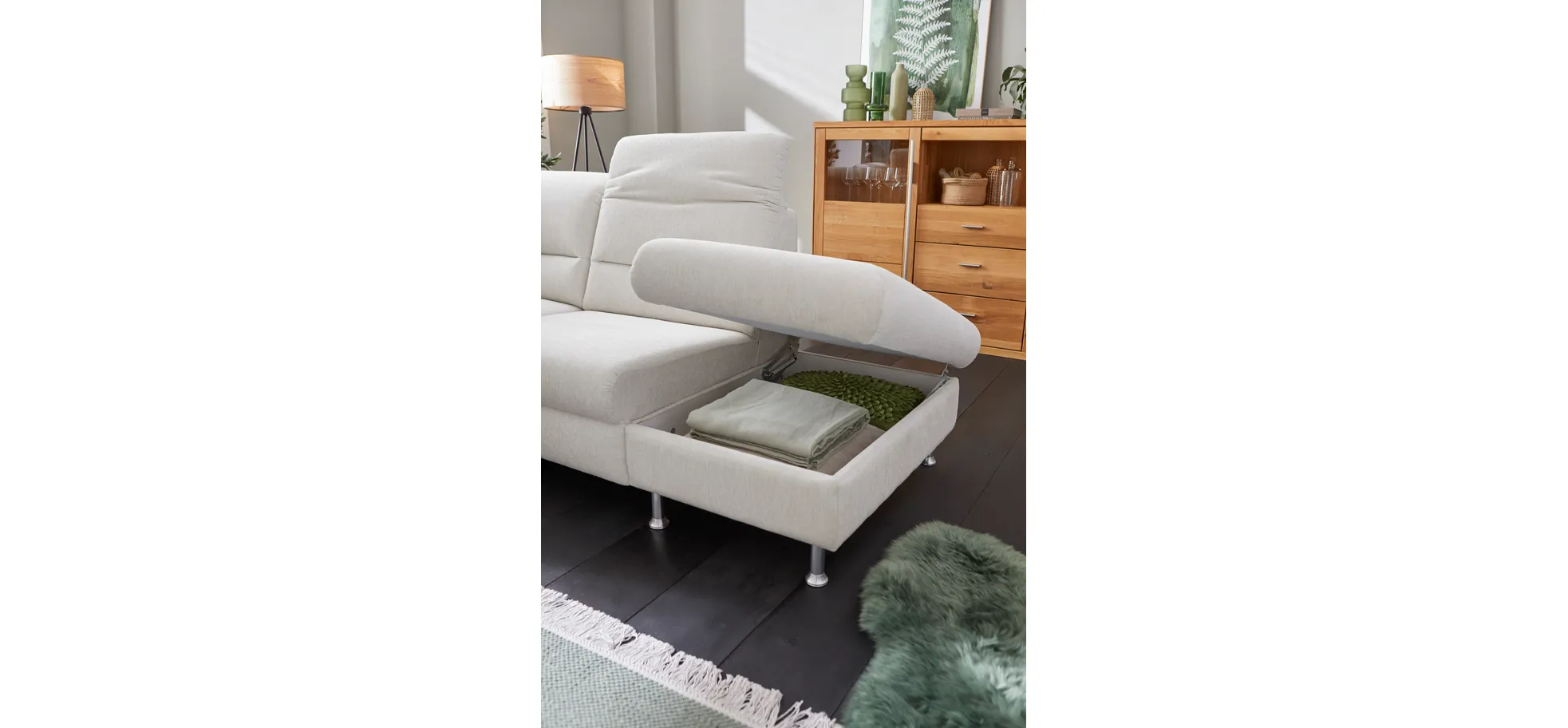 Ecksofa Cornella Plus - 2-Sitzer links mit Ecke und Abschlussteil rechts inkl. Relaxfunktion (motorisch), Kopfteilverstellung und Stauraum, Stoff, Creme