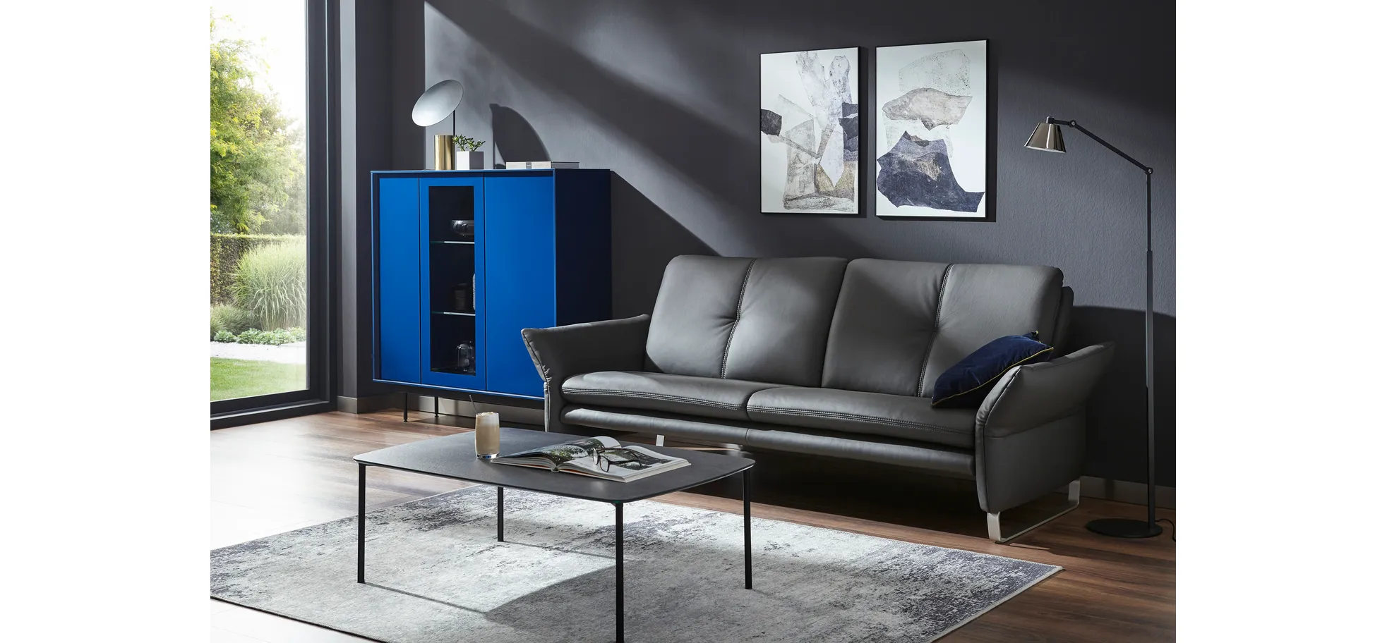 Sofa Tenero - 3-Sitzer inkl. Armlehne verstellbar, Leder, Anthrazit