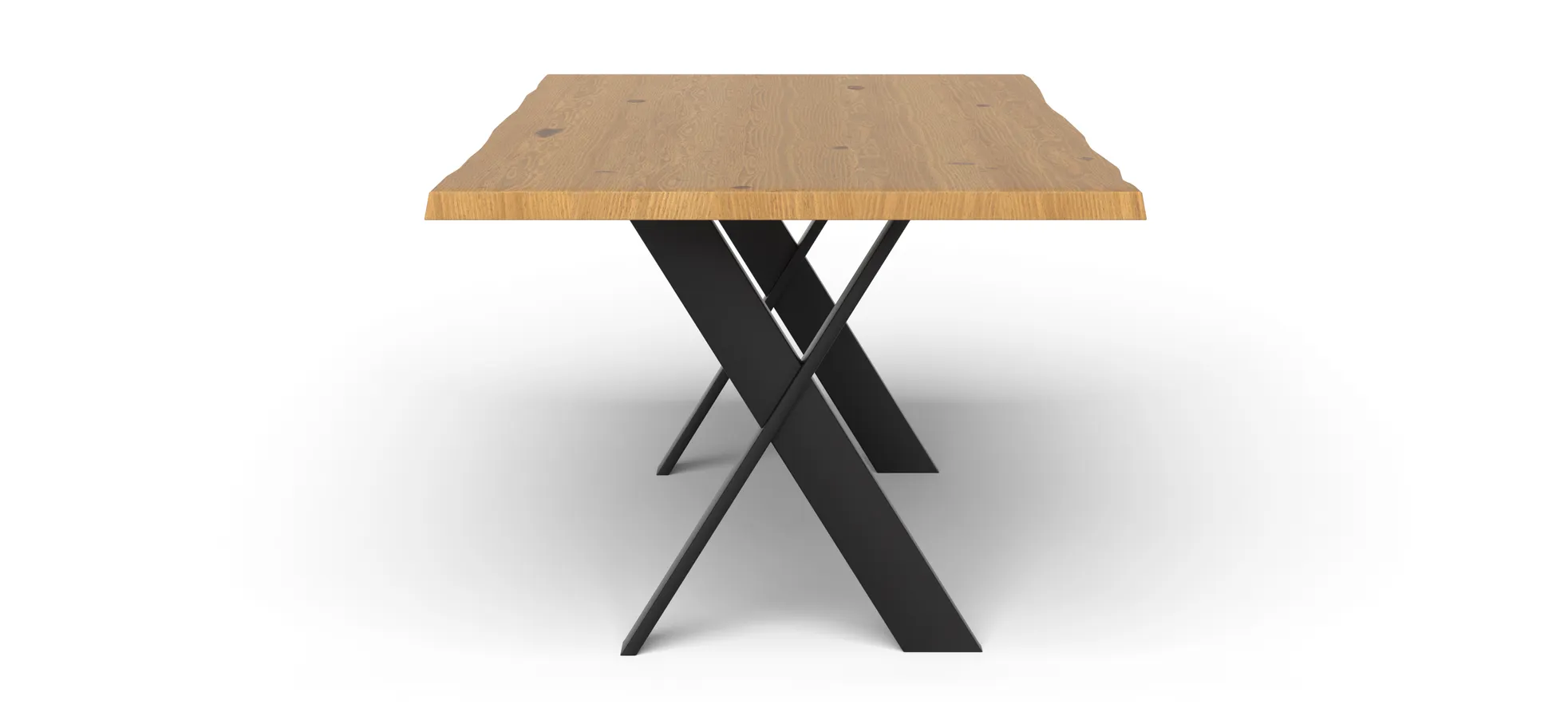 Esstisch 3100 - LB ca. 200x100 cm, Asteiche massiv, Waldkante, Kreuzfuß, Schwarz