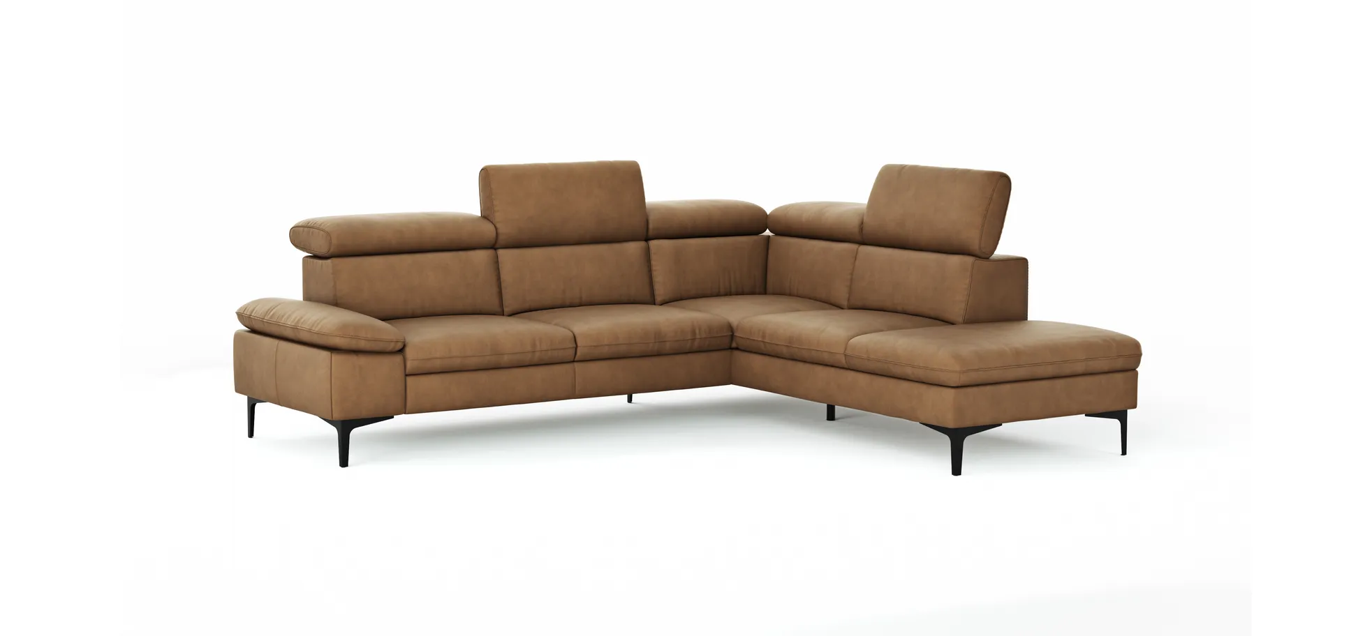 Ecksofa Felipa - 2,5-Sitzer mit Ecke rechts inkl. Kopfteil verstellbar, Leder, Cognac