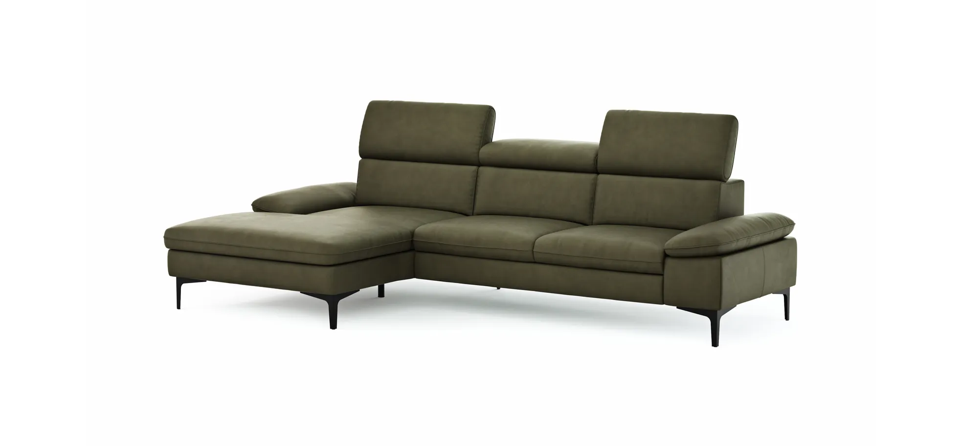 Ecksofa Felipa - Longchair links mit 2,5-Sitzer inkl. Kopfteil verstellbar, Leder, Olive