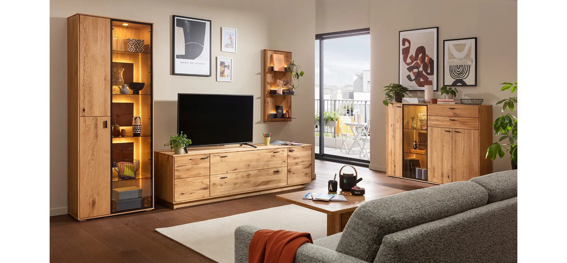 Wohnwand Fibra - inkl. Beleuchtung, Asteiche teilmassiv, natur, geölt