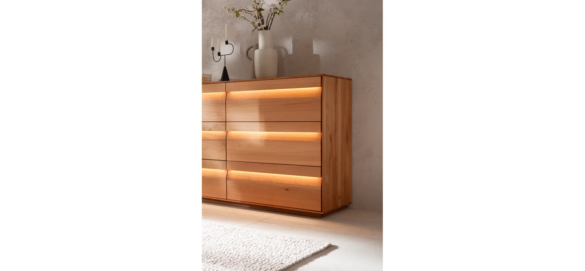 Sideboard Due Viso - inkl. Beleuchtung, BHT ca. 183x103x45 cm, Wildeiche Roheffekt, geölt
