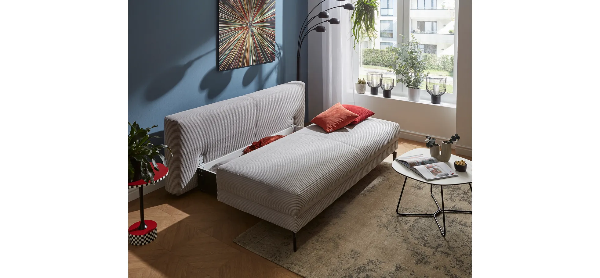 Schlafsofa Salema - 3-Sitzer mit Schlaffunktion (Liegefläche ca. 150x200cm), Stoff, Hellgrau
