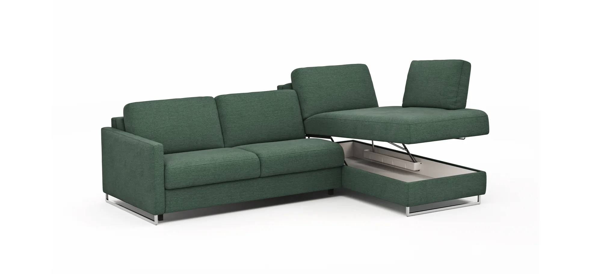 Ecksofa Nuoro - 2-Sitzer mit Longchair rechts inkl. Schlaffunktion und Bettkasten, Stoff, Dunkelgrün