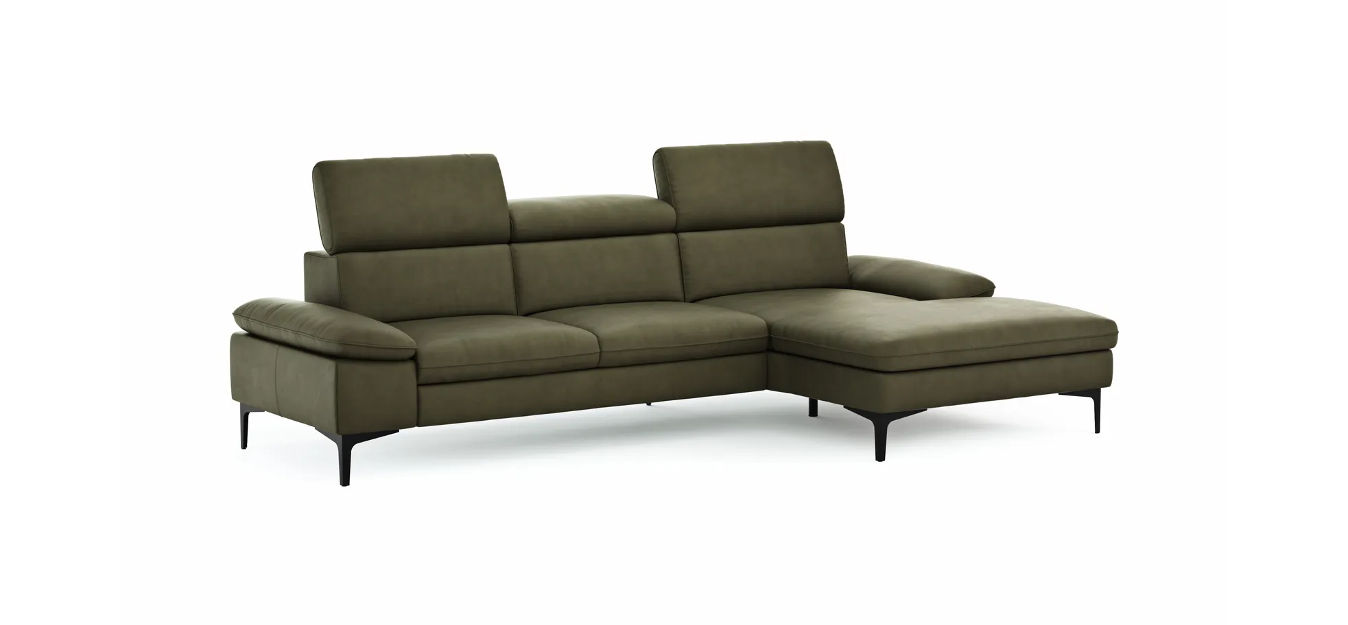 Ecksofa Felipa - 2,5-Sitzer mit Longchair rechts inkl. Kopfteil verstellbar, Leder, Olive