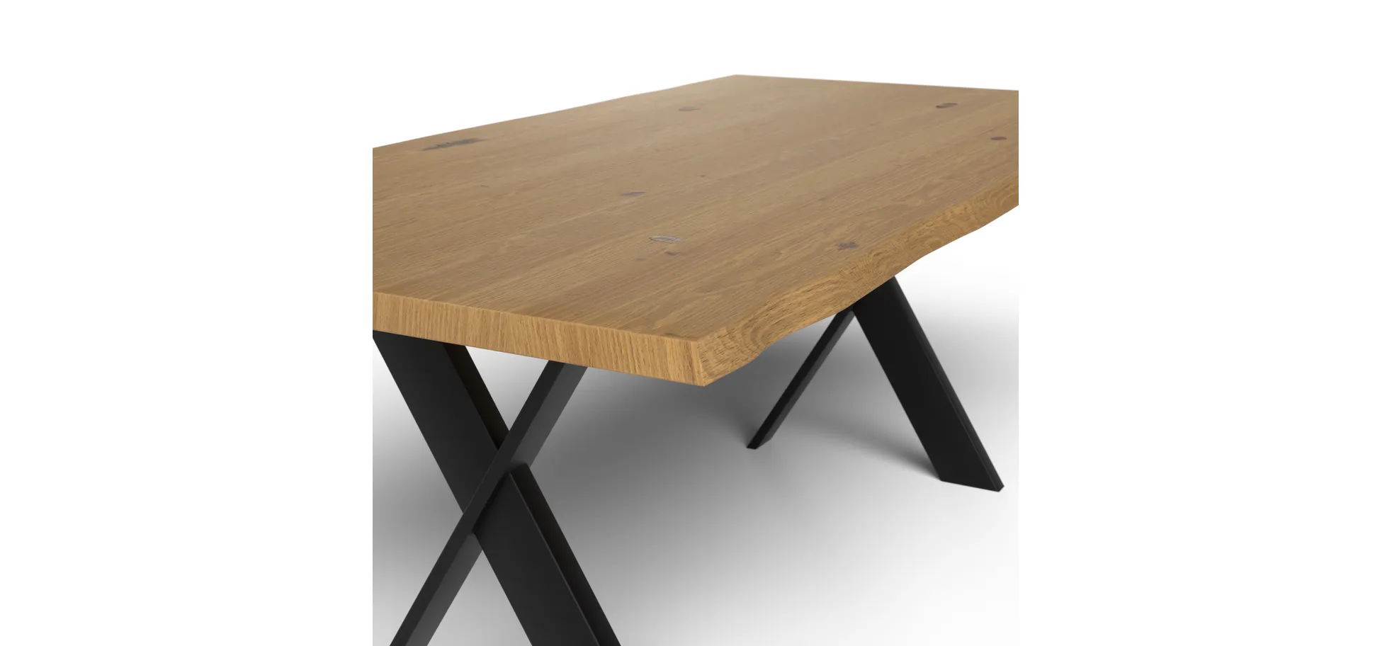 Esstisch 3100 - LB ca. 200x100 cm, Asteiche massiv, Waldkante, Kreuzfuß, Schwarz