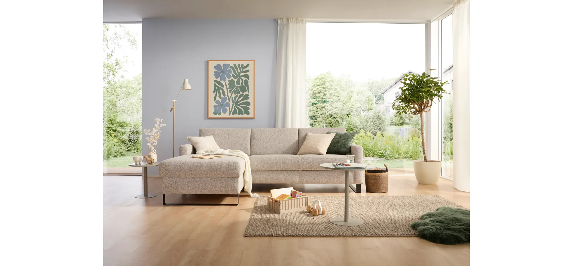 Schlafsofa Laredo - Longchair mit 2-Sitzer rechts inkl. Schlaffunktion mit Bettkasten, Stoff, Graubeige