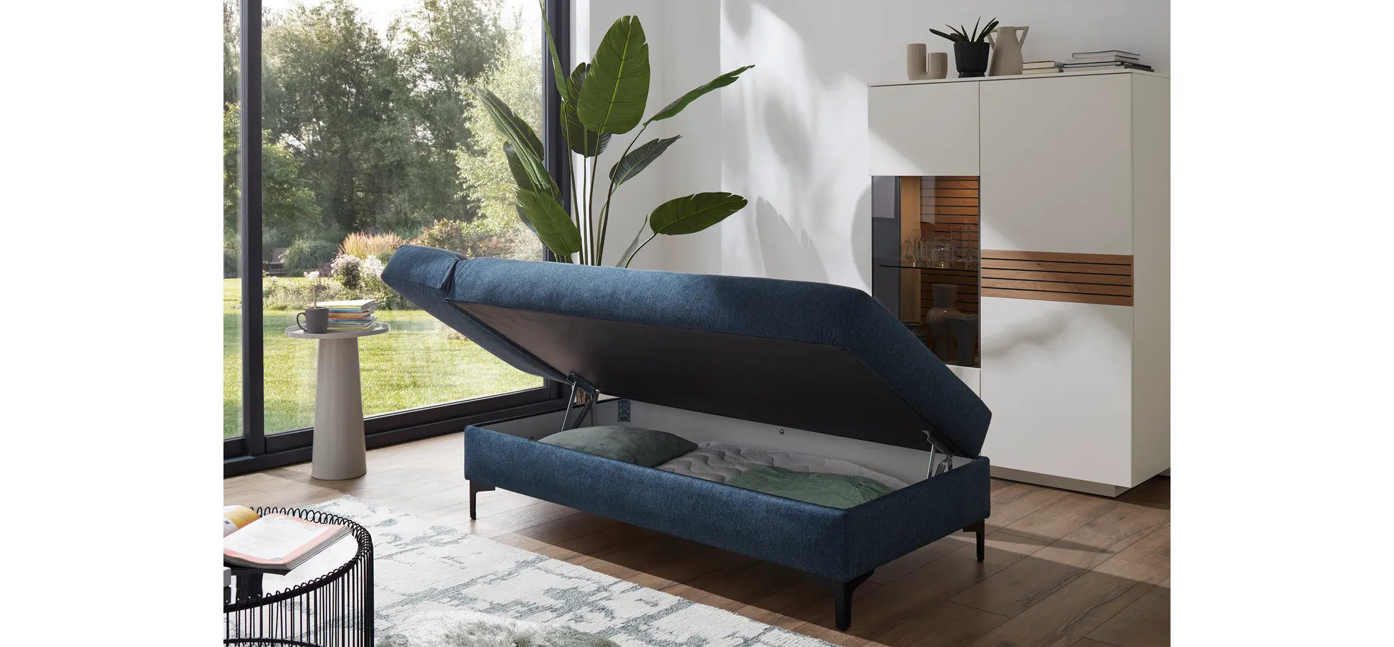 Schlafsofa Verano - Ausrichtung links inkl. Schlaffunktion und Bettkasten, Stoff, Petrol