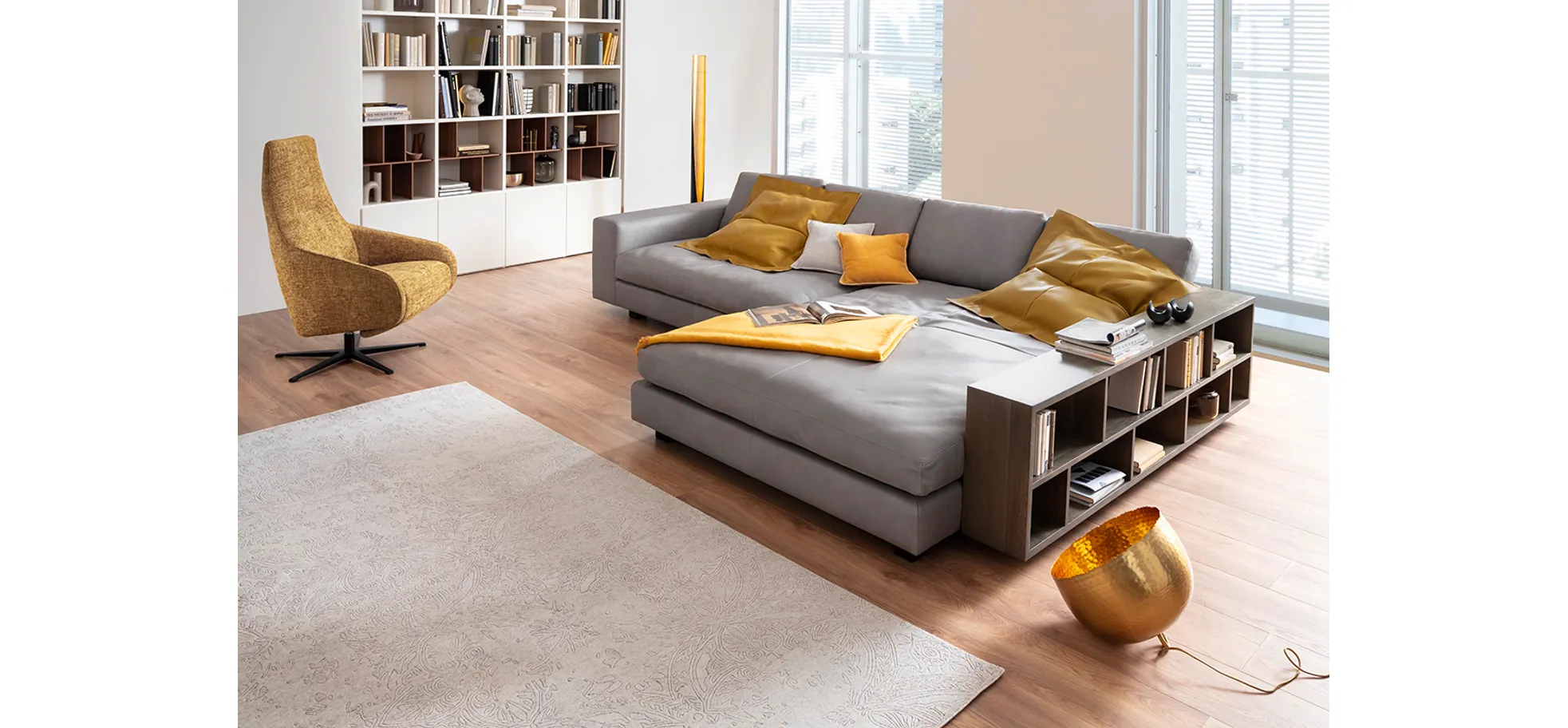 Ecksofa Aprino 1 - 2,5-Sitzer mit Longchair rechts, Leder, Grau