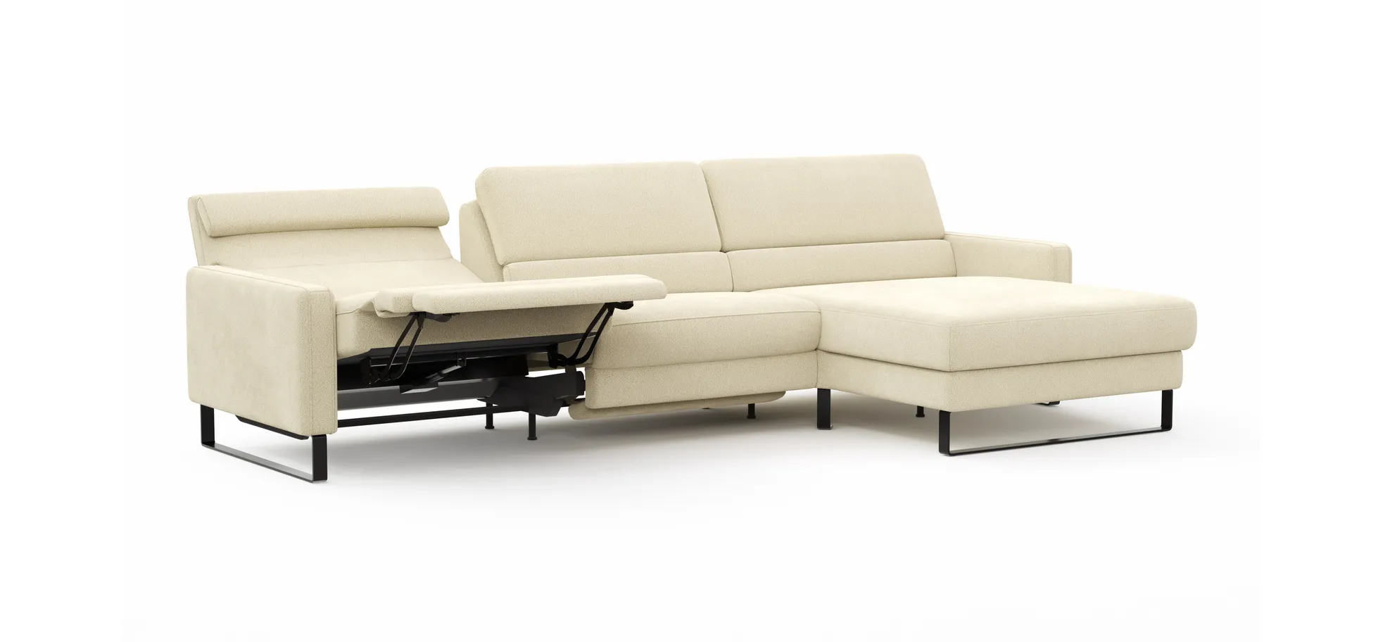 Ecksofa Valera - 3-Sitzer mit Longchair rechts inkl. Rückenlehne verstellbar und Relaxfunktion motorisch, Stoff, Natur