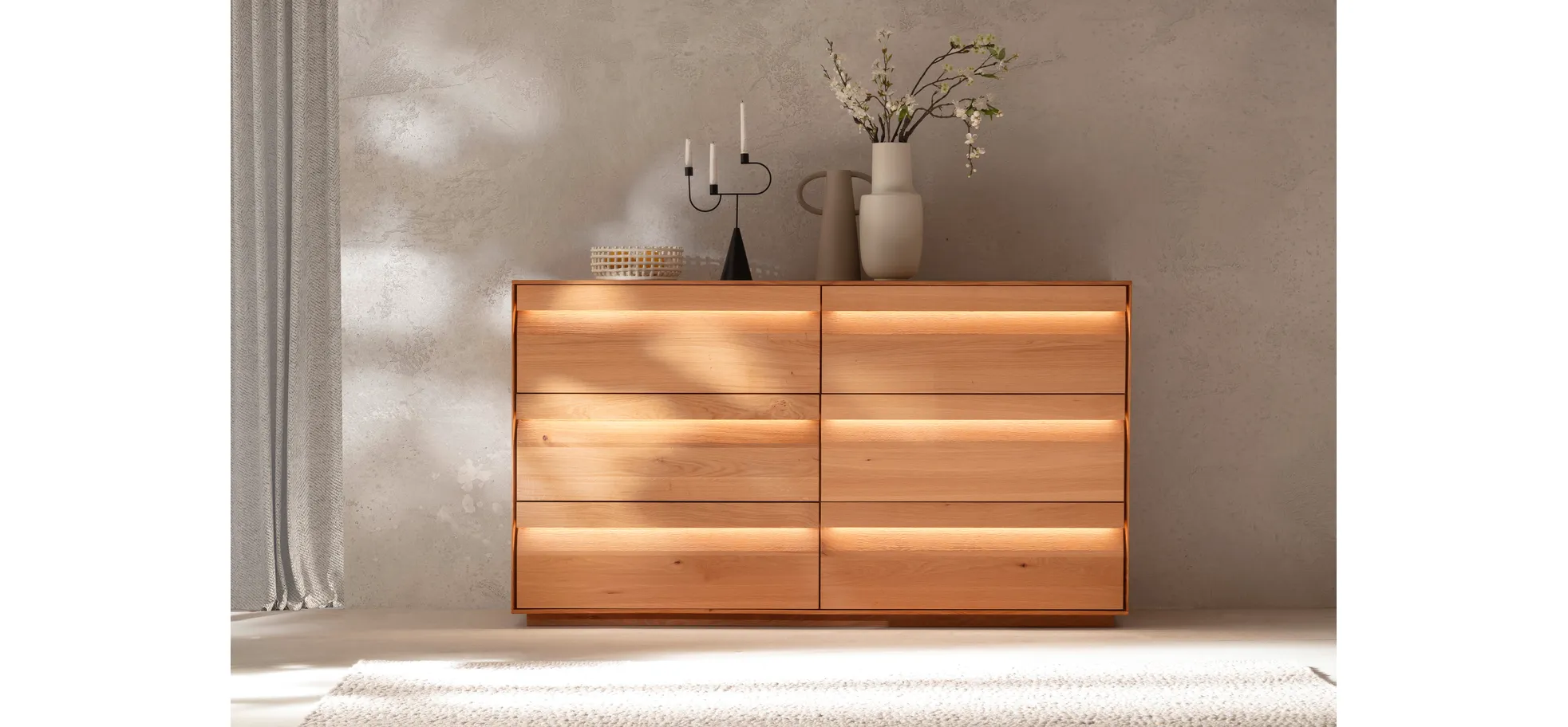 Sideboard Due Viso - inkl. Beleuchtung, BHT ca. 183x103x45 cm, Wildeiche Roheffekt, geölt