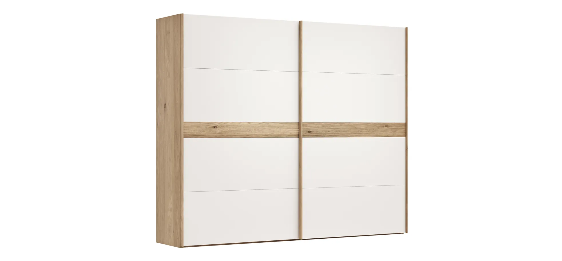 Schwebetürenschrank Viana - B ca. 271 cm, Lack, Weiß, Riffholz, Balkeneiche 120139